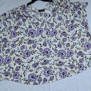 Lane Bryant Floral Blouse Cream Purple Ruffle Sleeve V-Neck Plus Size NWT, 34/36